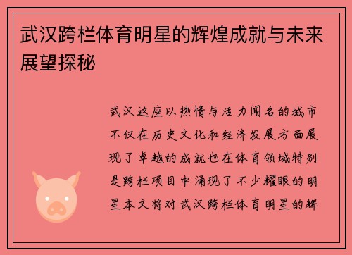 武汉跨栏体育明星的辉煌成就与未来展望探秘