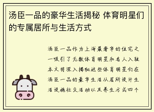 汤臣一品的豪华生活揭秘 体育明星们的专属居所与生活方式